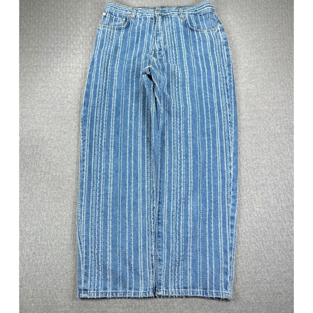New Zara baggy wide leg Jeans Women 34X31 Blue Frayed high-rise Y2K Distressed